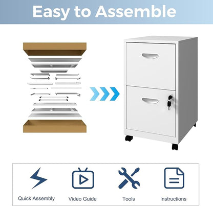 UNICOLY 2 Drawer File Cabinet with Lock, Filing Cabinets with Wheels, Rolling File Cabinets for Home Office, Metal Office File Cabinet, for Holding Letters and File Boxes, Assembly Required, White