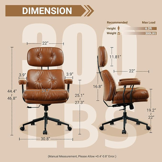 Home Office Chair,Ergonomic Computer Chair with Lumbar Support Adjustable Height,Mid-Century Modern Office Chair with Rolling Swivel Chair for Home Office Game Study(PU Leather Chair,Brown)