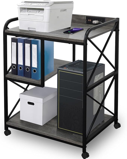 Printer Stand with Storage Shelf, Large Printer Table with Wheels for Home Office, 23 x 18 Inch Printer Shelf with Power Outlet USB Port, Computer Tower Stand, Grey