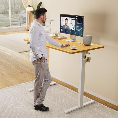 Sweetcrispy Electric Standing Desk Adjustable Height, 63x24 Inch Sit Stand Up Home Office Desks Memory Computer Workstation PC Work Table with Preset Splice Wood Board Metal Frame, Oak