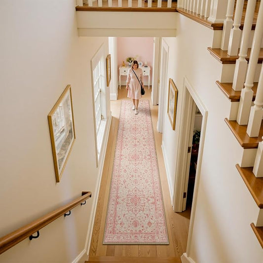 RELEANY Area Rugs Runner 2'x10' Washable Non-Slip, Floral Vintage Distress Medallion Carpet for Kitchen Hallway Bedroom Beside Laundry Room Bathroom, Pink Light Vintage Pink