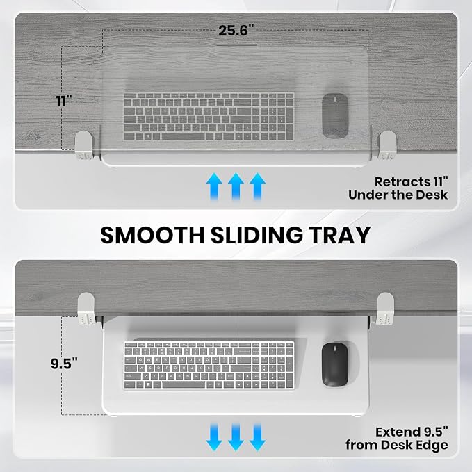 Keyboard Tray Under Desk, Pull Out Keyboard & Mouse Tray with Adjustable C-clamp, 25.6(31.5 Including Clamps) x 11.8 Inch Slide Out Computer Keyboard Drawer Mouse Tray for Typing,White