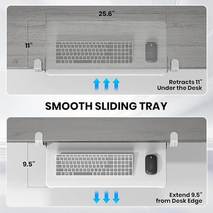 Keyboard Tray Under Desk, Pull Out Keyboard & Mouse Tray with Adjustable C-clamp, 25.6(31.5 Including Clamps) x 11.8 Inch Slide Out Computer Keyboard Drawer Mouse Tray for Typing,White