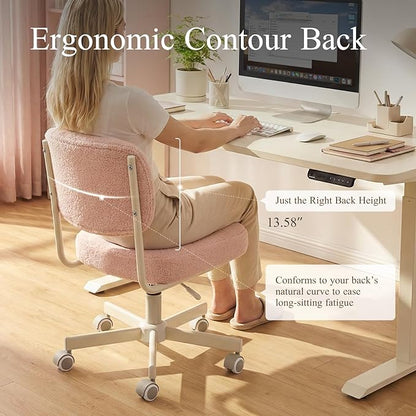 Vanity Chair with Wheels, Cute Armless Desk Chair with Back, Height Adjustable Swivel Small Office Chair, Comfy Velvet Computer Task Chair for Bedroom, Study, Dressing Room Pink