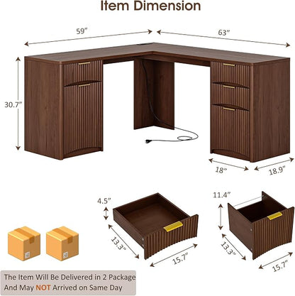 Whalefall 63'' Fluted L Shaped Desk with Drawers, Walnut | Corner Computer Desk with Charging Station, Modern Executive Home Office L Desk with File Cabinet Storage