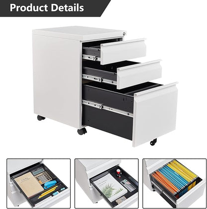3 Drawer Mobile File Cabinet with Lock,Under Desk Filing Cabinet for Home Office, Metal Filing Cabinets on Wheels for Legal/Letter/A4 File, Fully Assembled Except Wheels, White