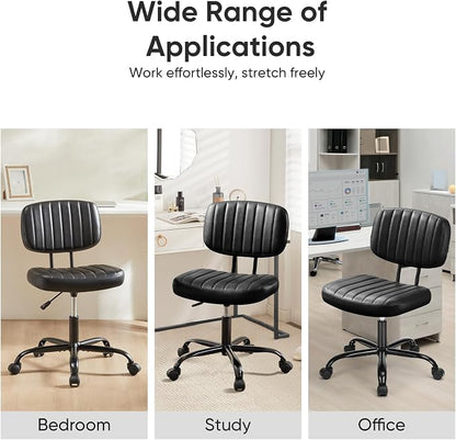 DUMOS Small Armless Home Desk Chair with Low Back Lumbar Support, Height Adjustable PU Leather Computer Task Chair with 360° Swivel Wheels, for Small Space, Adults, New Black