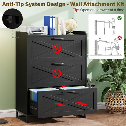 Halitaa File Cabinet 3 Drawers Lateral File Cabinet with Charging Station for Letter/Legal/A4 Size Hanging Files, Large Wood File Storage Cabinets Printer Stand for Home Office, Black