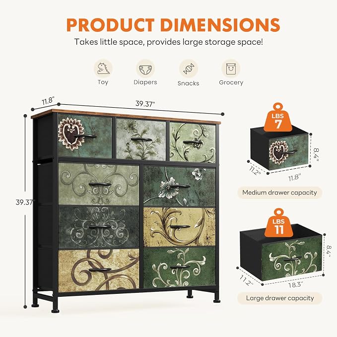 DUMOS Dresser for Bedroom, Storage Organizer with 9 Drawers, Chest of Drawers with Fabric Bins, Sturdy Metal Frame, Wood Tabletop for Guest Room, Closet, Entryway,Vintage