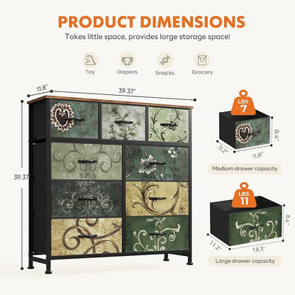 DUMOS Dresser for Bedroom, Storage Organizer with 9 Drawers, Chest of Drawers with Fabric Bins, Sturdy Metal Frame, Wood Tabletop for Guest Room, Closet, Entryway,Vintage