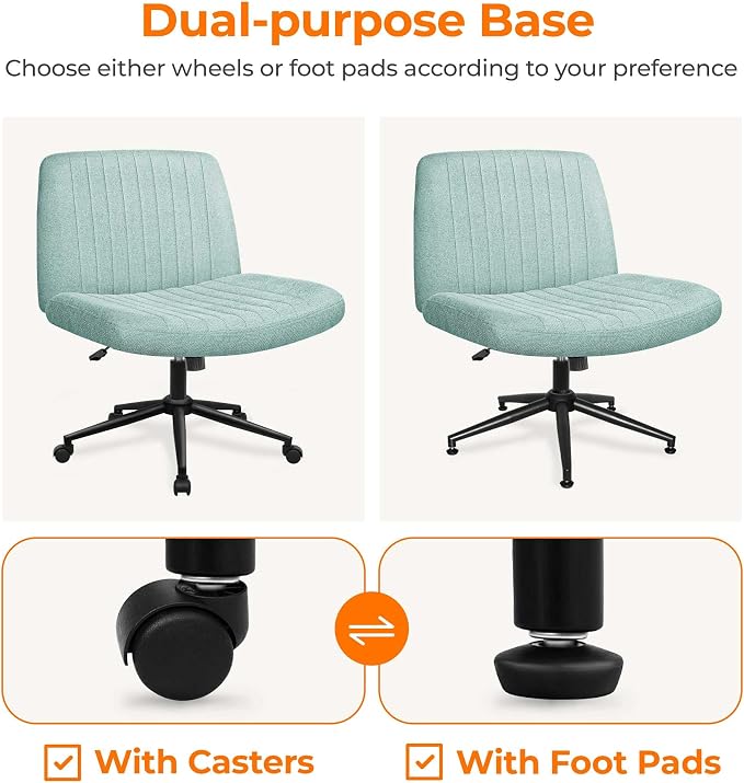 NEO CHAIR Criss Cross Chair with Wheels Armless Cross Legged Office Desk Wide Comfy Vanity Makeup Chair Adjustable Swivel Rolling Computer for Home Office Fabric (Mint)