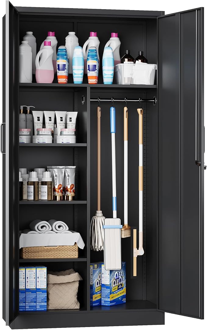 72" H Metal Garage Storage Cabinets, Lockable Broom Closet Cabinet with Hanging Rod & Doors, 5-Tier Steel Utility Cabinets for Garage, Laundry Room, Warehouse Storage, Black