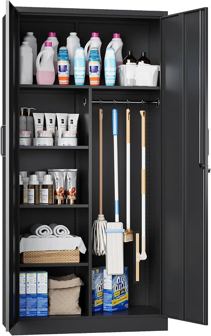 72" H Metal Garage Storage Cabinets, Lockable Broom Closet Cabinet with Hanging Rod & Doors, 5-Tier Steel Utility Cabinets for Garage, Laundry Room, Warehouse Storage, Black