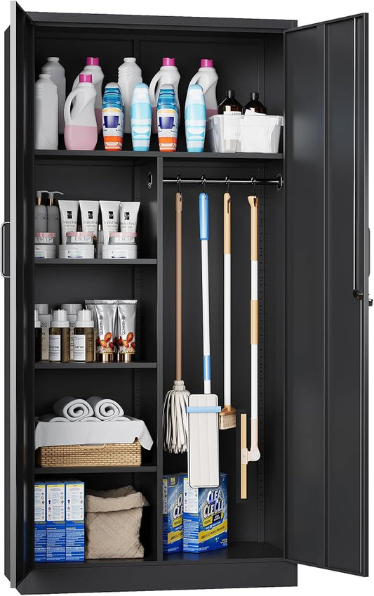 72" H Metal Garage Storage Cabinets, Lockable Broom Closet Cabinet with Hanging Rod & Doors, 5-Tier Steel Utility Cabinets for Garage, Laundry Room, Warehouse Storage, Black