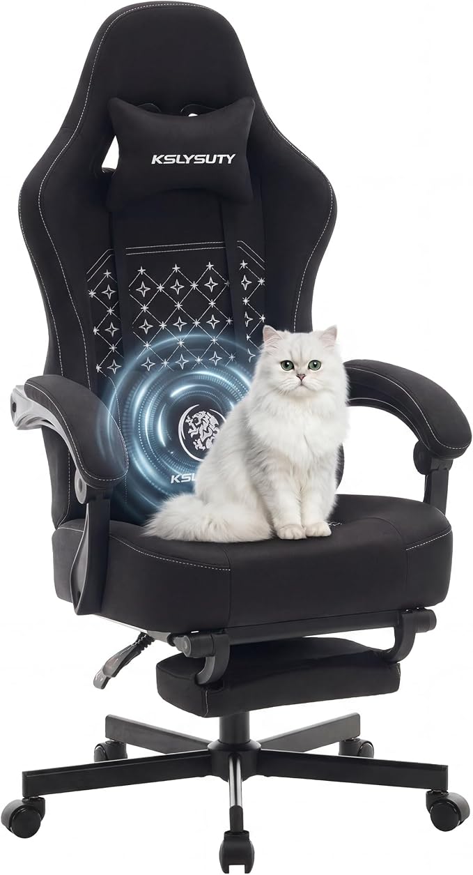 Desk Computer Gaming Chair - Ergonomic Game Office Chair with Extended Footrest and Massage Lumbar Support, Home Gamer Video Game Chairs with Spring Cushion for Adults (Pro Black Fabric)