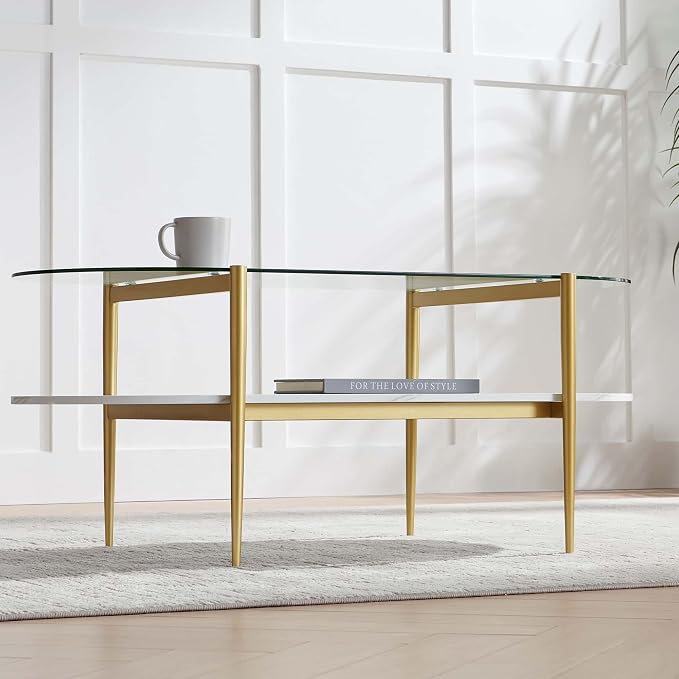 LumFurn Oval Coffee Table, Mid-Century Modern Design, L41 x W21 x H17 inch, for Living Room, Clear Glass Top, White Marble Finish Wood Shelf & Gold Finish Frame