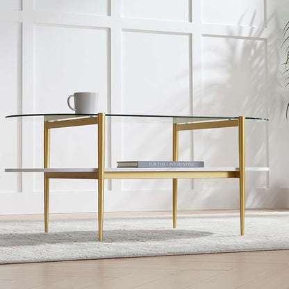 LumFurn Oval Coffee Table, Mid-Century Modern Design, L41 x W21 x H17 inch, for Living Room, Clear Glass Top, White Marble Finish Wood Shelf & Gold Finish Frame