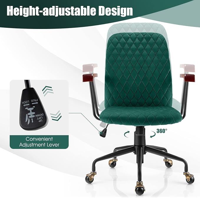 COSTWAY Green Velvet Office Chair, Upholstered Home Leisure Chair with Rubber Wood Armrests & 5-Claw Metal Base, Vintage Mid-Back Computer Desk Chair for Adult, Home, Office, Study