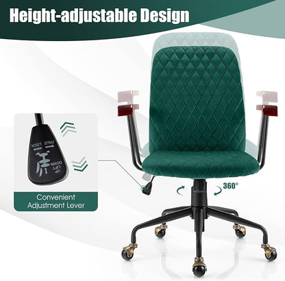 COSTWAY Green Velvet Office Chair, Upholstered Home Leisure Chair with Rubber Wood Armrests & 5-Claw Metal Base, Vintage Mid-Back Computer Desk Chair for Adult, Home, Office, Study
