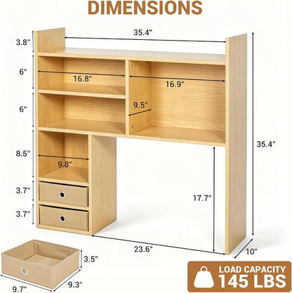 deli Desktop Bookshelf, High-Capacity Desk Hutch Organizer with 7 Shelves and 2 Drawers for Computer Desk, Desk Shelf Organizer for Dorm Office Home, Natural