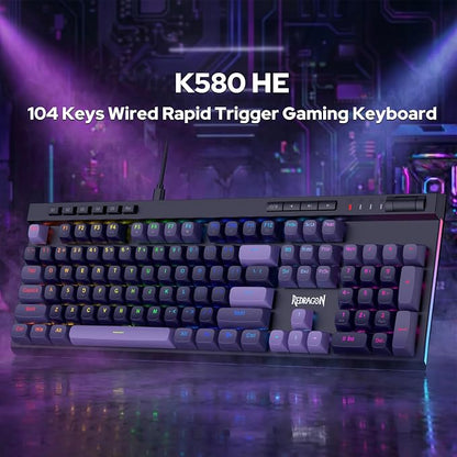 Redragon K580 HE Rapid Trigger Gaming Keyboard, 100% 104 Keys Wired Mechanical Keyboard w/Hyper-Fast Actuation, 8K Hall Effect Magnetic Switch, Dedicated Media Controls, Onboard Macro Recording