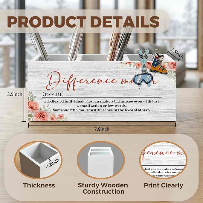 Difference Maker Gift Pencil Pen Holder for Desk Organizer, Thank You Gifts for Teachers Coworkers Boss, Appreciation Gifts Wooden Box Decorations for Home Office Desk Tabletop Decor