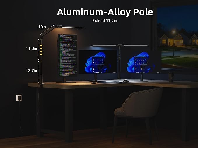 Desk Lamps for Home Office, Sensor Switch Dual Lamp Head | 270° Rotatable & Extendable Aluminum Alloy Arm, Eye-Caring, 24W Dimmable 3 Color Modes Desk Light with Clamp