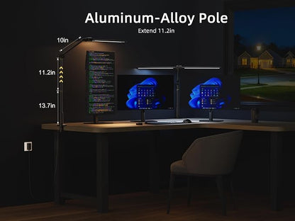 Desk Lamps for Home Office, Sensor Switch Dual Lamp Head | 270° Rotatable & Extendable Aluminum Alloy Arm, Eye-Caring, 24W Dimmable 3 Color Modes Desk Light with Clamp