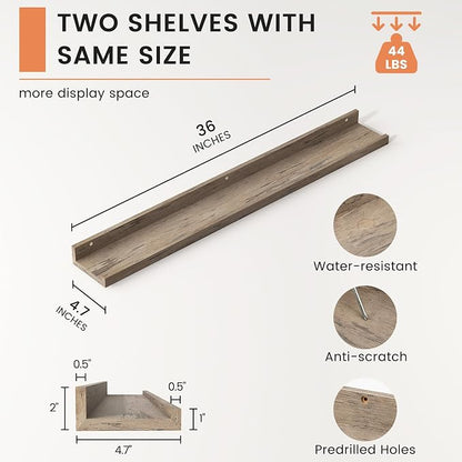 FLYJOE Picture Ledge Shelf, Floating Shelves Set of 2, 36 Inches Long Large Nursery Book Shelves for Toys Storage, Kids Bookshelf Wall Mounted for Living Room Bedroom Decor Books Photo Frames, Grey