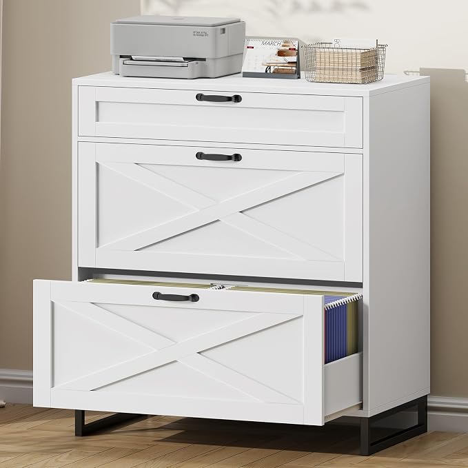 Vabches Lateral File Cabinet, Modern Farmhouse File Cabinet with 3 Drawers for Legal/Letter/A4 Size Hanging Files, Printer Stand Large Wood Home Office, Office White