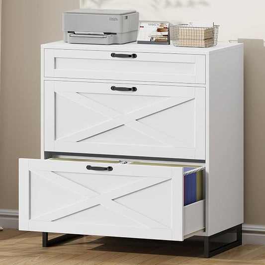 Vabches Lateral File Cabinet, Modern Farmhouse File Cabinet with 3 Drawers for Legal/Letter/A4 Size Hanging Files, Printer Stand Large Wood Home Office, Office White