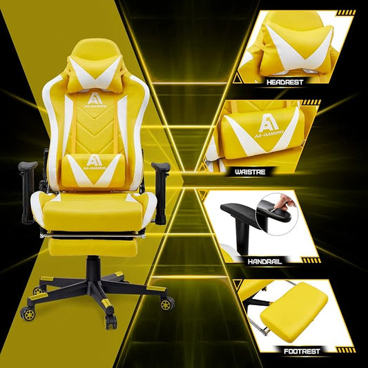AA Products Gaming Chair - High Back Ergonomic Racing Chair with Footrest, Lumbar Support & Swivel - YellowWhite