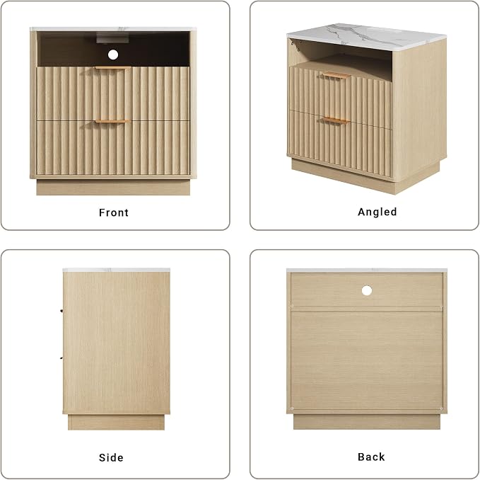 Fluted Nightstand, Night Stand Set 2, 23" Wide Nightstands Set of 2 with Charging Station & Faux Marble Top, 2 Drawer Large End Table w/Storage, Modern Bedside Table for Bedroom,Natural Oak