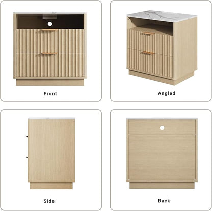 Fluted Nightstand, Night Stand Set 2, 23" Wide Nightstands Set of 2 with Charging Station & Faux Marble Top, 2 Drawer Large End Table w/Storage, Modern Bedside Table for Bedroom,Natural Oak