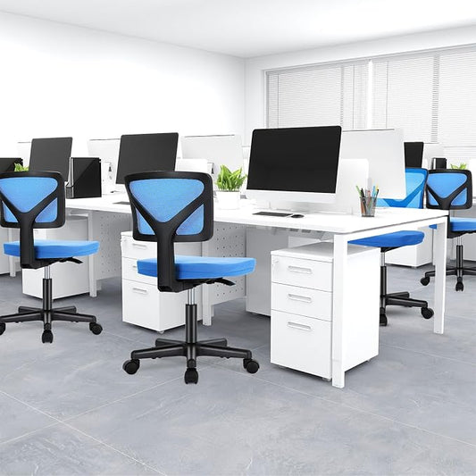 DUMOS Small Office Chairs with Wheels, Ergonomic Adjustable Home Desk Swivel Rolling Task Chair No Arms, Comfy Mesh Mid Back Computer Work Vanity Desk Chairs for Small Spaces, Blue