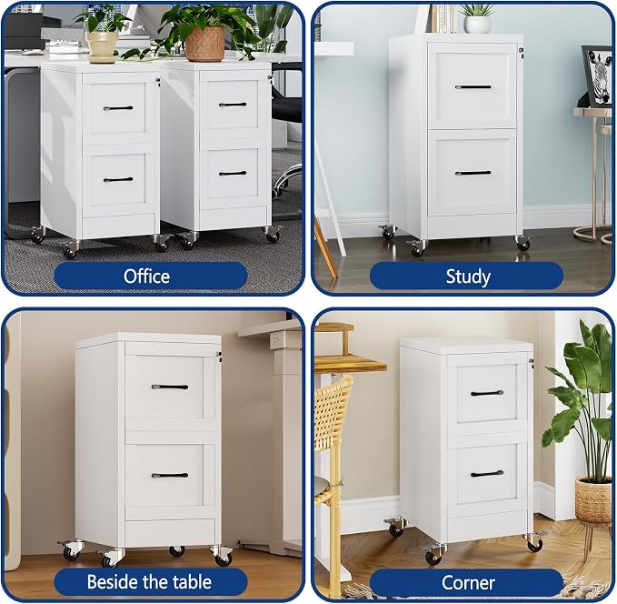 Ckzbx 2 Drawer File Cabinet with Lock, Narrow Vertical Filing Cabinet, Under Desk File Cabinets,White Metal File Cabinets for Home Office,Fit Letter/A4/Legal Size File (Wheel)