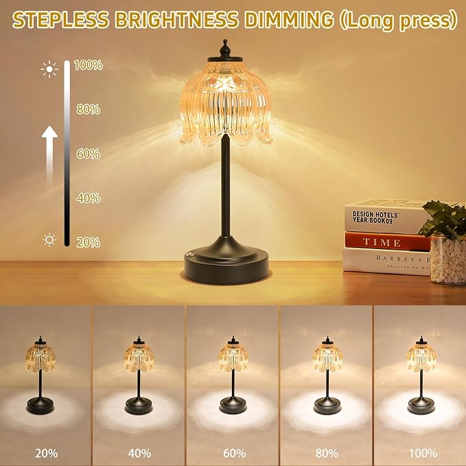 Cordless Lotus Flower Table Lamp, 5200mAh Rechargeable Battery Operated Portable Lamp, 3-Color Dimmable Touch Control Small Desk Lamp for Bedroom, Office, Kitchen, Nightstand,Room Decor(Amber-2)