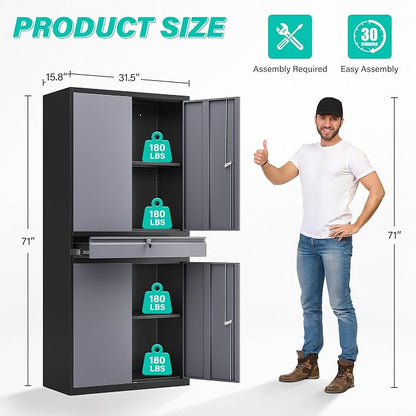 Metal Storage Cabinet with Doors and Shelves,Garage Storage Cabinets with Lock and Drawer,Metal Cabinet with Locking Doors,4 Door Steel Cabinet,71" Tall Lockable Cabinets for Garage,Home,Office
