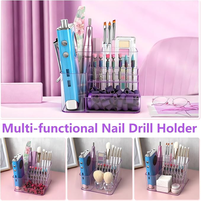 Nail Drill Holder, 21 Holes Nail Drill Machine & Bits Storage Box, Acrylic Nail Drill Bit Holder Professional Nail Tools Organizer, Nail Desk Organizer for Nail Tech (Purple)