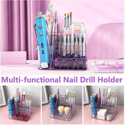 Nail Drill Holder, 21 Holes Nail Drill Machine & Bits Storage Box, Acrylic Nail Drill Bit Holder Professional Nail Tools Organizer, Nail Desk Organizer for Nail Tech (Purple)
