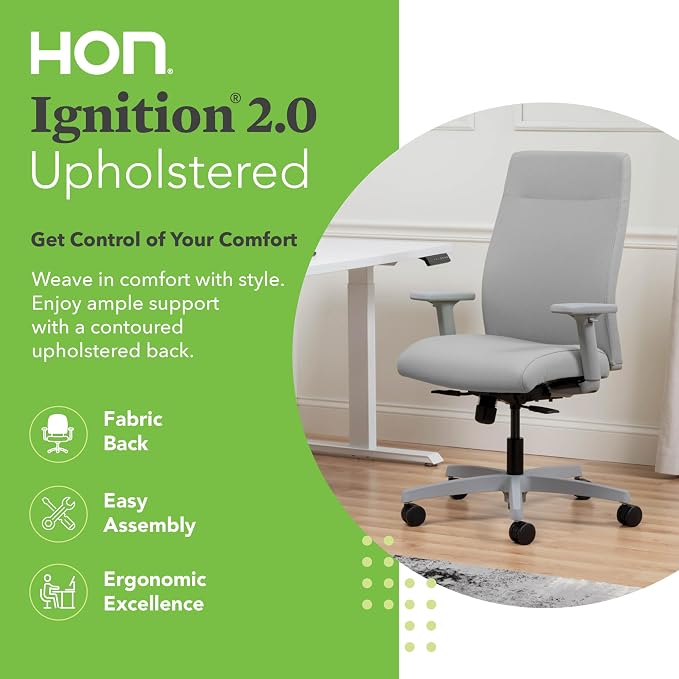 HON Ignition 2.0 Ergonomic Office Chair with Adjustable Arms, Standard Synchro‑Tilt Recline, Upholstered Desk and Computer Chair for Home Office or Workstation, Titanium Frame, Fog