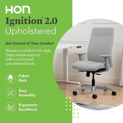HON Ignition 2.0 Ergonomic Office Chair with Adjustable Arms, Standard Synchro‑Tilt Recline, Upholstered Desk and Computer Chair for Home Office or Workstation, Titanium Frame, Fog