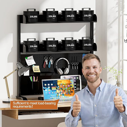 Adjustable Desktop Hutch Bookshelf, Desk Shelf Organizer with Pegboard and Thickened Metal Frame, 2 Tier Display Rack, Countertop Storage, Wood Bookcase for Home, Dorm or Office, Black, 38.9" W