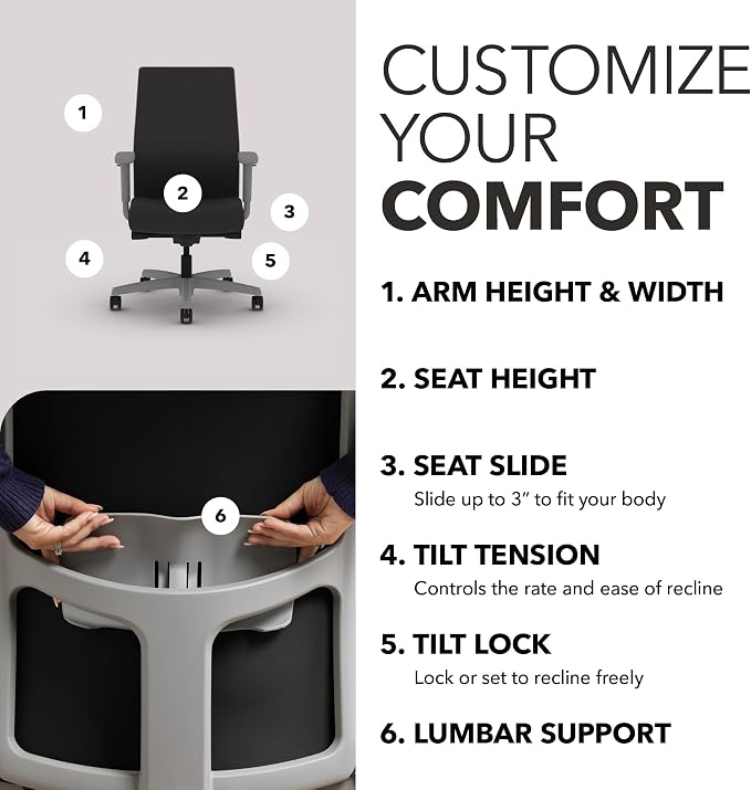 HON Ignition 2.0 Mid‑Back Ergonomic Office Chair, Mesh Task Seating with Lumbar Support, Advanced Synchro‑Tilt, Height and Width Adjustable Arms, Titanium Frame, Onyx