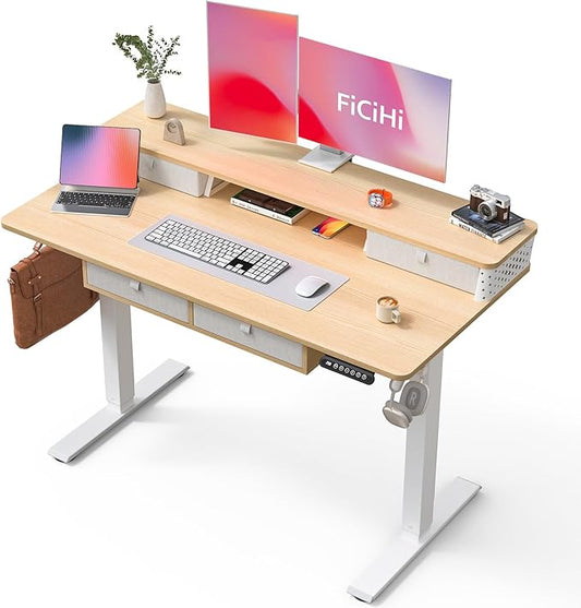 FiCiHi Electric Standing Desk with Four Drawers, 48 x 24 Inch Adjustable Height Sit Stand Desk, C-Clamp Compatible Home Office Desk with Storage Shelf & Monitor Stand Riser, Maple