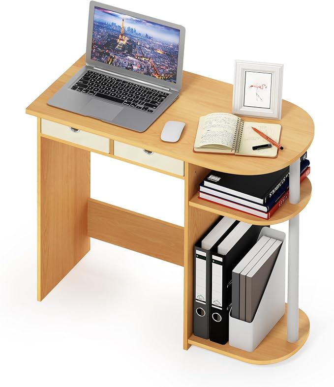 Furinno Go Green 32-Inch Oak Computer Desk, Office Desk with 2 Side Shelves and Storage Bins, Rectangular Home Office Desk, Gaming Desk for Home Office, Bedroom, Study Room, Light Beech