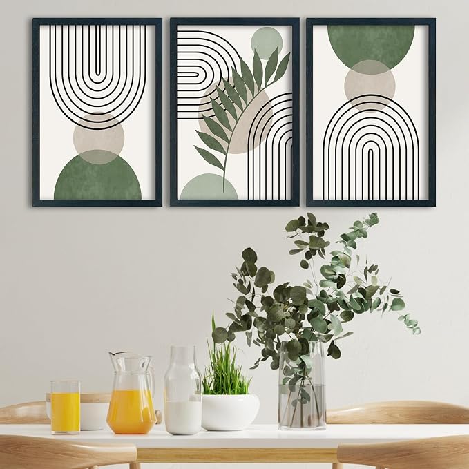SRSZHIYUE Sage Green Boho Wall Art 24"×16" Set of 3 Geometric Line Leaf Sun Moon Sign for Master Bedroom Office Wall Hanging Decor (Black)