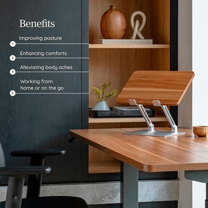 Branch Adjustable Laptop Stand - Portable Wooden Laptop Riser with Customizable Height & Angle - Foldable - Secure Silicon Grips for Home or Office - Woodgrain