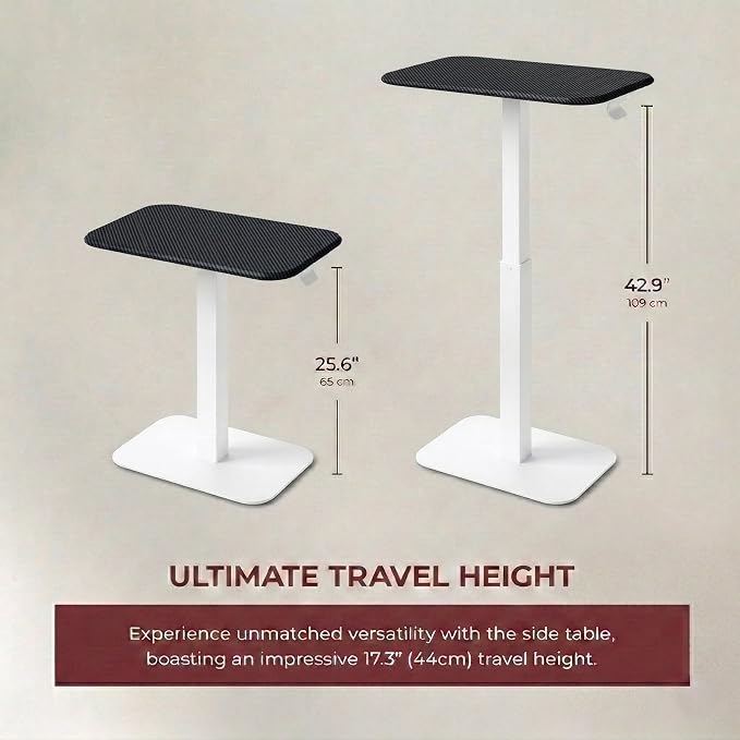 Elevance Height Adjustable Side Table, White Base, Carbon Black Top | Sofa Laptop Table for Couch & Bed | Small C-Shape End Table for Home or Office