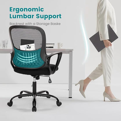 DUMOS Home Office Desk Chair - Ergonomic Mid Back with Lumbar Support & Rocking Mode, Height Adjustable with Fixed Armrest, for Conference, Computer, Meeting Room, 360° Swivel, Adults, Adults, Black